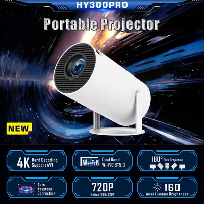 Cross-Border Hy300Pro Portable Mini Hy300 Outdoor Home High-Definition 180-Degree Bubble Tube Smart Projector Wholesale