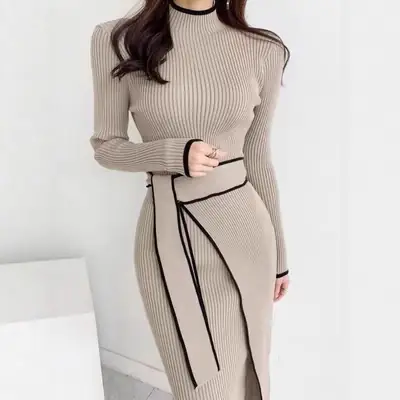 Korean Chic Autumn and Winter Retro Knitted Dress Export Women's Half Turtleneck Slim Elegant Color Matching Strap Skirt