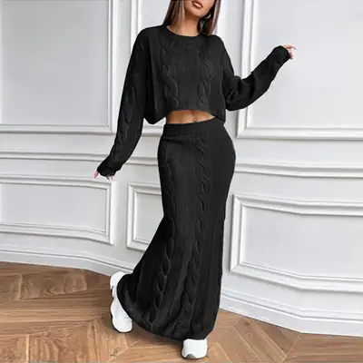 European and American Amazon New Women's 2-Piece Set, Fashionable Twist Rope Long Skirt + Round Neck Sweater Two-Piece Set