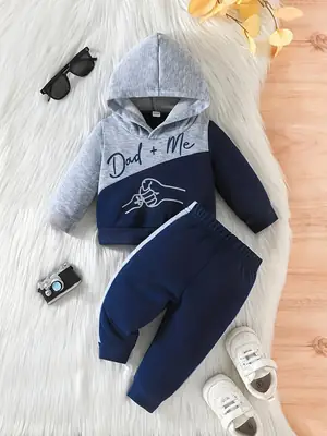 Cross-Border Ins Infant and Toddler Boy Fleece Hooded Letter Print Long-Sleeved Top and Pants Casual Suit Trendy