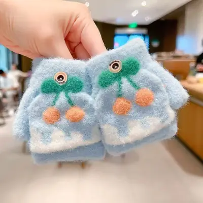 Autumn and Winter Cartoon Fruit Kidsren's Flip-Up Gloves Fingerless Outdoor Cold-Proof Half-Finger Warm Gloves for Male and Female Babies and Toddlers