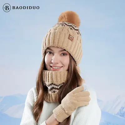 Winter Touch Screen Gloves, Woolen Scarf and Hat 3-Piece Set for Men and Women, Knitted Thickeneded Windproof and Coldproof 2-Piece Thermal Suit