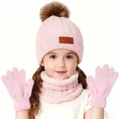 2025 New Kidsren's Hat, Scarf and Gloves Three-Piece Set Autumn and Winter New Warm Baby Woolen Hat Knitted Scarf