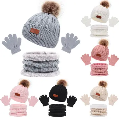 Cross-Border European and American Children's Hats, Scarves and Gloves Three-Piece Set Autumn and Winter New Single Ball Baby Hat