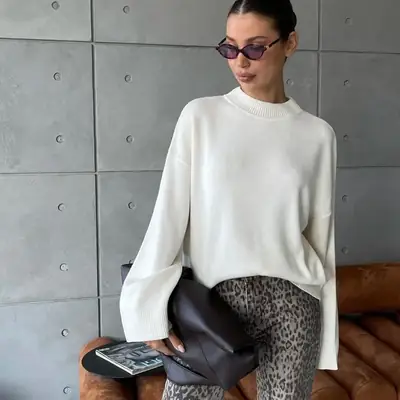 2025 Cross-Border Trade Hot-Selling Russian Bestseller Solid Color Crew Neck Sweater for Women, Soft Knit Casual Loose Top