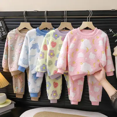 Children's Pajamas Set Winter New Style Boys' Velvet Thickeneded Flannel Girls' Warm Baby Home Clothes Kidsren's Clothing