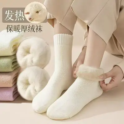 Autumn and Winter Socks for Women, Warm Terry Socks, Mid-Calf Socks, Cashmere Deodorant, Thickeneded Fleece-Lined Stockings, Plush Zhuji