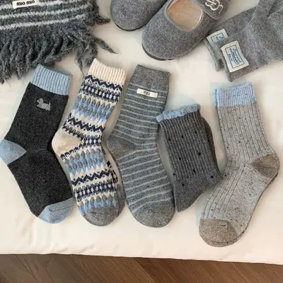 Little Red Book's Best-Selling Model! Winter Wool Socks Combination Gray Button Thickeneded Warm Pile Socks Mid-Calf Socks for Women