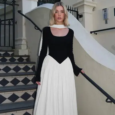 Cross-Border Wholesale Autumn and Winter New European and American Fashion Contrasting Color Sexy U-Neck Long-Sleeved Waist-Cinching Dress for Women