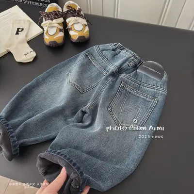 Children's Fleece-Lined Jeans Korean Style Soft Denim Pants Autumn and Winter Stylish Versatile Pants Trendy Jeans Children's Clothing