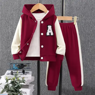 Cross-Border Autumn New Style Long-Sleeved Hooded Contrasting Color A-Line Stamp Suit for Children and Middle-Aged Children