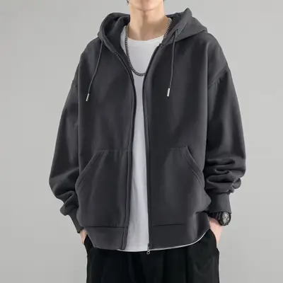 Solid Color Zipper Cardigan Sweatshirt Men's Spring and Autum Loose Hooded Student Hong Kong Style Men's Winter Velvet Hooded Jacket