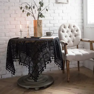 Vintage American-Style Crochet Round Tablecloth Pastoral Knit Hollow Artistic Coffee Table Cover Photography Background Cloth