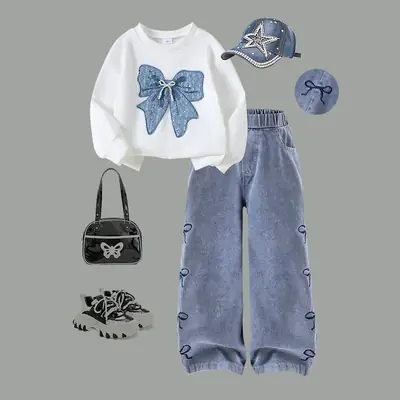 Amazon Specializes in European and American Spring & Fall Trendy Girls' Suits for Small and Medium-Sized Kidsren with Bow Long Sleeves + Denim Pants