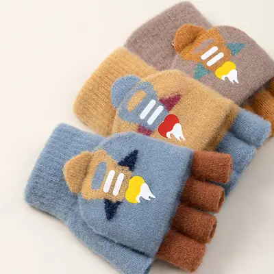 Children's Winter Writing Gloves for Older Kids, Elementary School Girls, Warm Half-Finger Flip Cover Fingerless Half Gloves for Boys