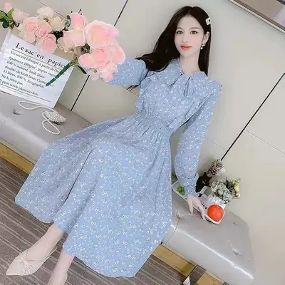 French Floral Dress for Women Spring New Goddess Style Korean Style Soft Wind Waist Slimming Date Chiffon Long Skirt